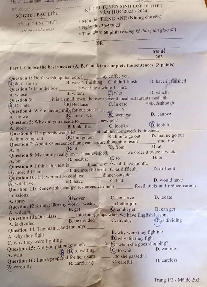 Đề thi tuyển sinh lớp 10 môn tiếng Anh tỉnh Bạc Liêu 2023