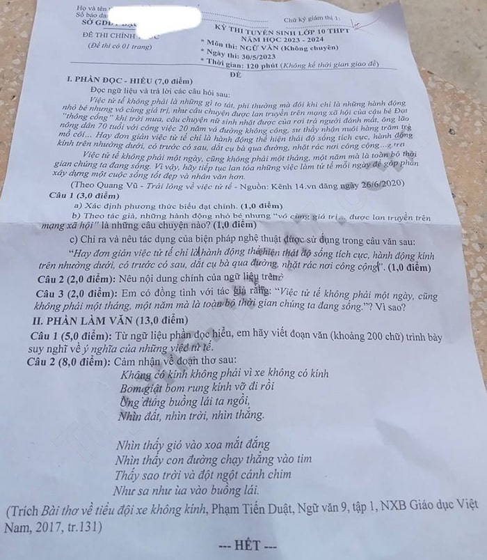 Đề thi tuyển sinh vào lớp 10 môn văn Bạc Liêu 2023 chính thức