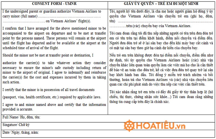 Mẫu giấy ủy quyền cho trẻ em đi máy bay Vietnam airline