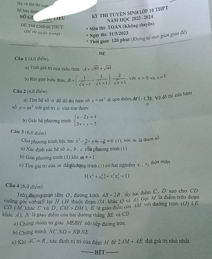 Đề thi tuyển sinh lớp 10 môn Toán Bạc Liêu 2023