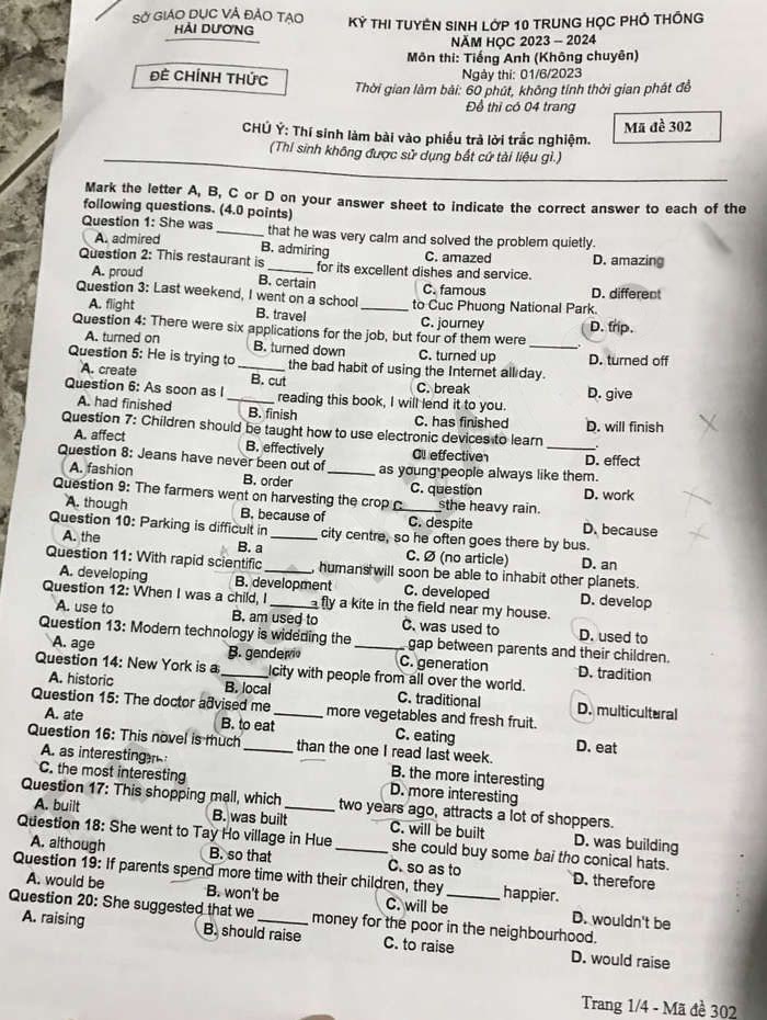 Đề thi tuyển sinh vào lớp 10 môn Anh Hải Dương 2023