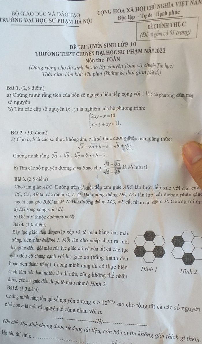 Đề thi chuyên Sư phạm 2023 môn Toán chuyên