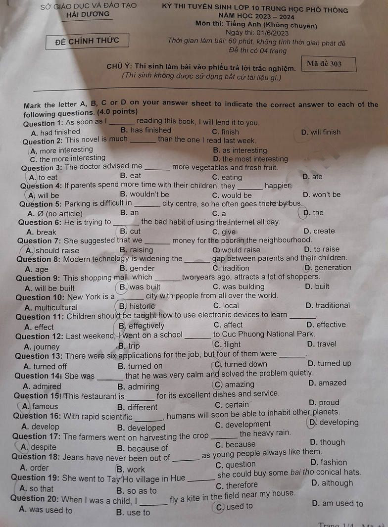 Đề thi tuyển sinh vào lớp 10 môn Anh Hải Dương 2023