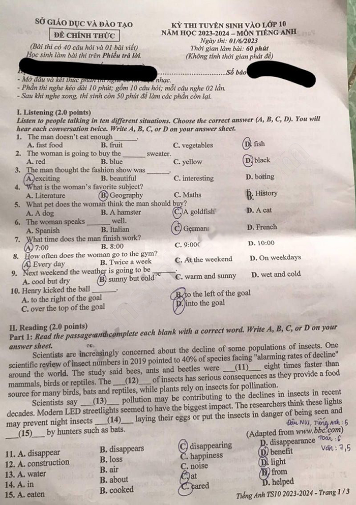 Đề thi tuyển sinh lớp 10 môn Anh Bình Dương 2023