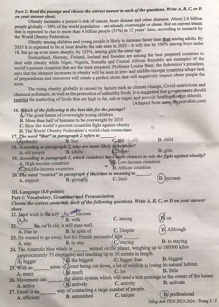 Đề thi tuyển sinh lớp 10 môn Anh Bình Dương 2023