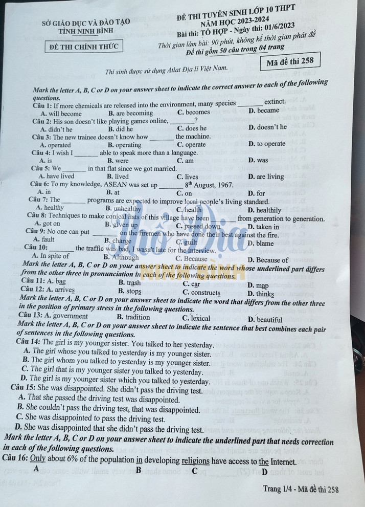 Đề thi vào lớp 10 môn Tổ hợp Ninh Binh 2023