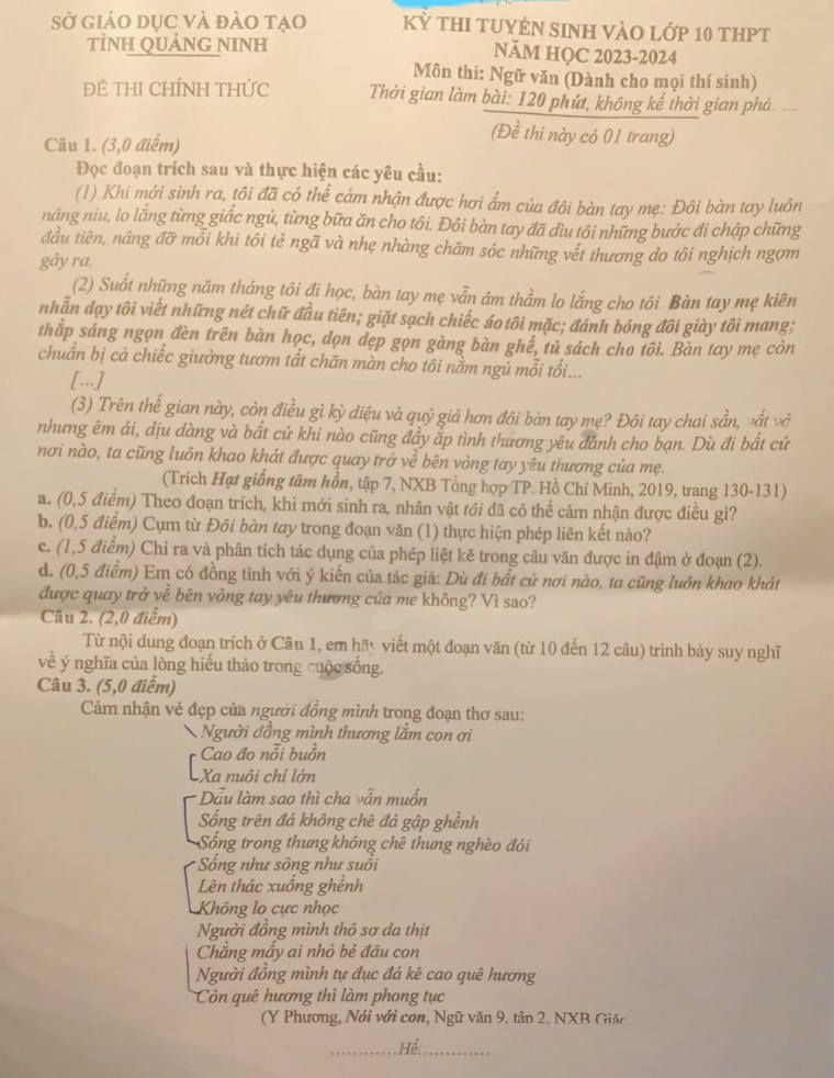 Đề thi tuyển sinh vào 10 môn Văn Quảng Ninh 2023