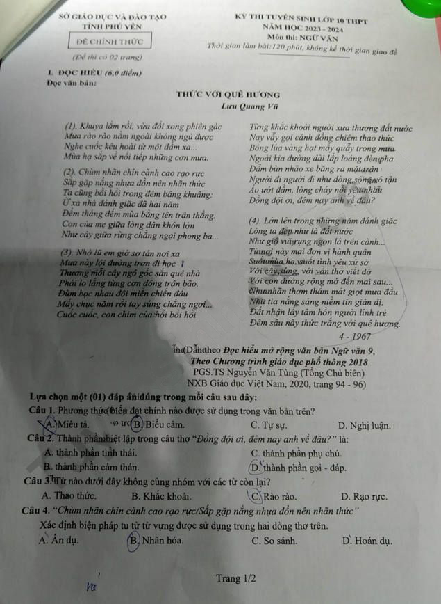 Đề thi tuyển sinh lớp 10 môn Văn Phú Yên 2023