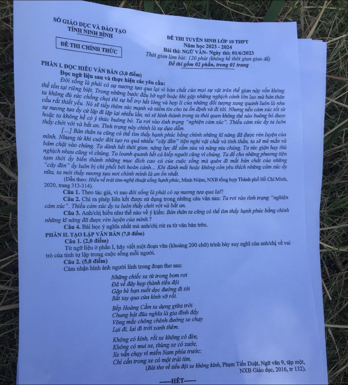 Đề thi vào lớp 10 môn Văn Ninh Binh 2023