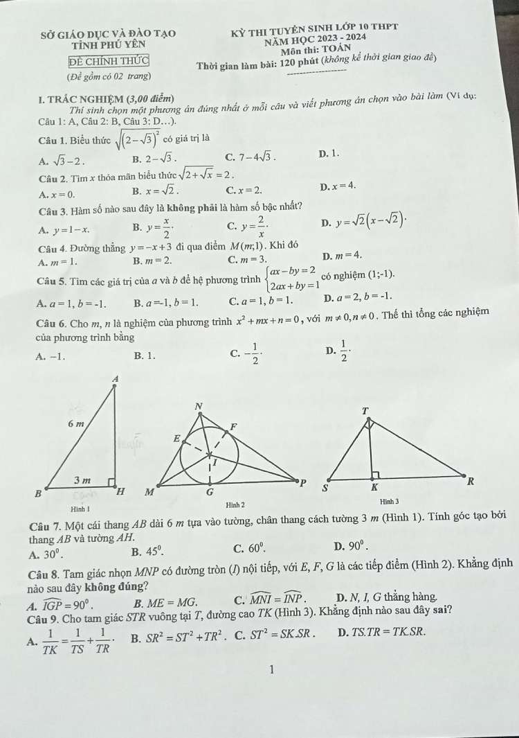 Đề thi tuyển sinh lớp 10 môn Toán Phú Yên 2023