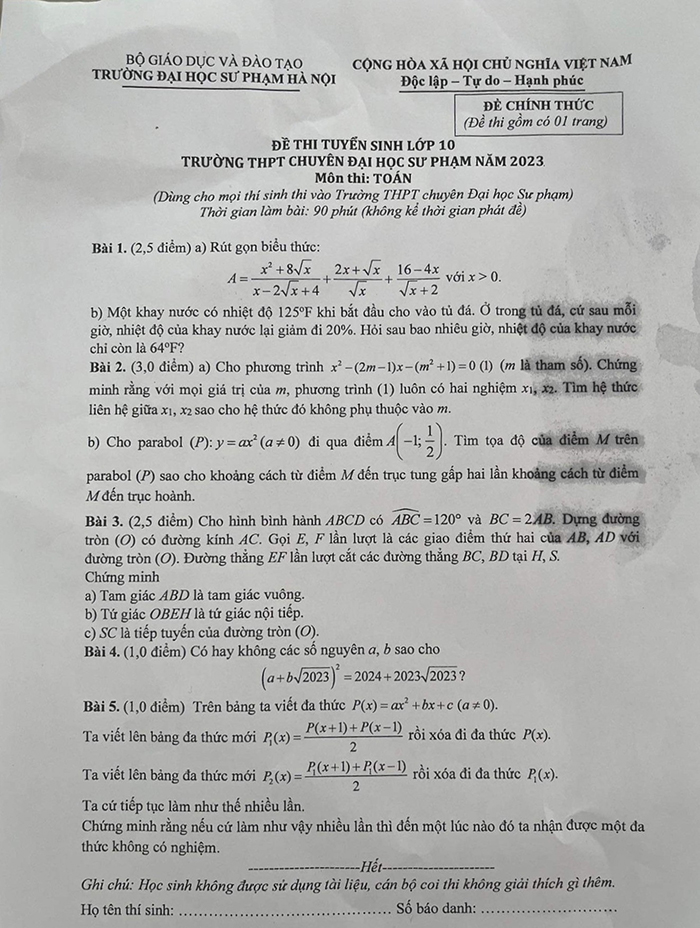 Đề thi chuyên sư phạm môn Toán 2023
