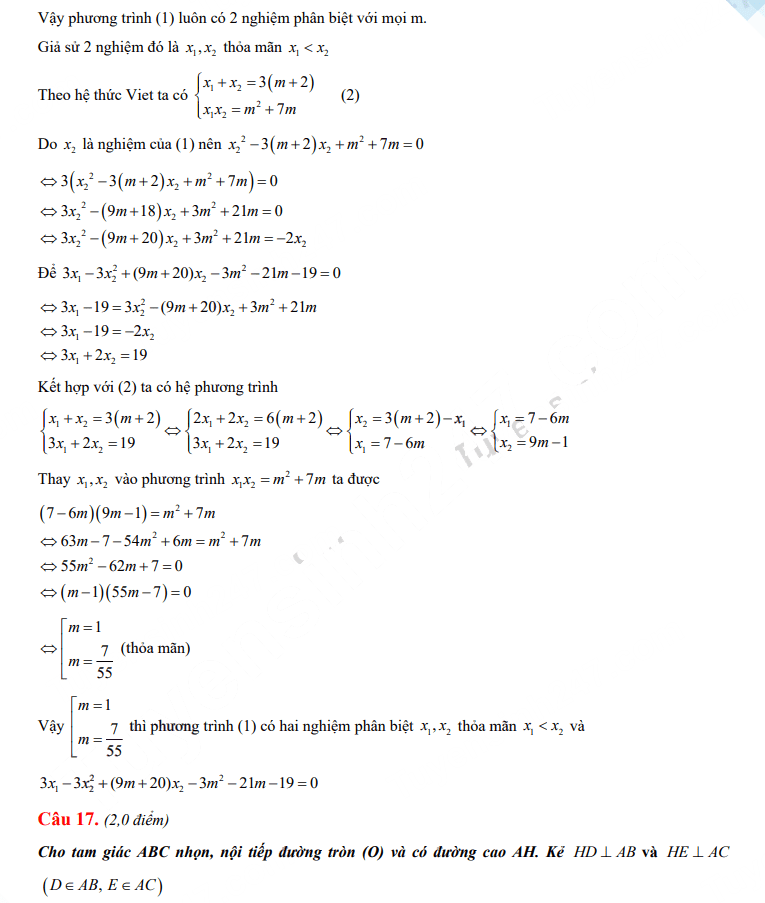  Đáp án đề thi môn Toán vào 10 tỉnh Quảng Trị 2023