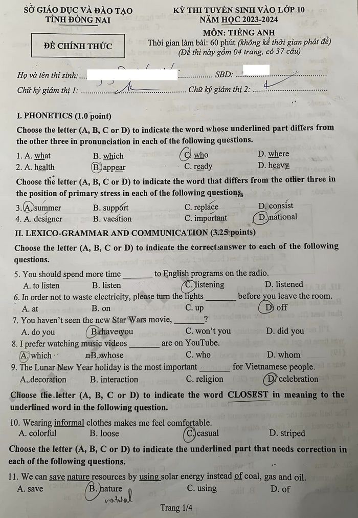 Đề thi tuyển sinh lớp 10 môn Anh 2023 Đồng Nai