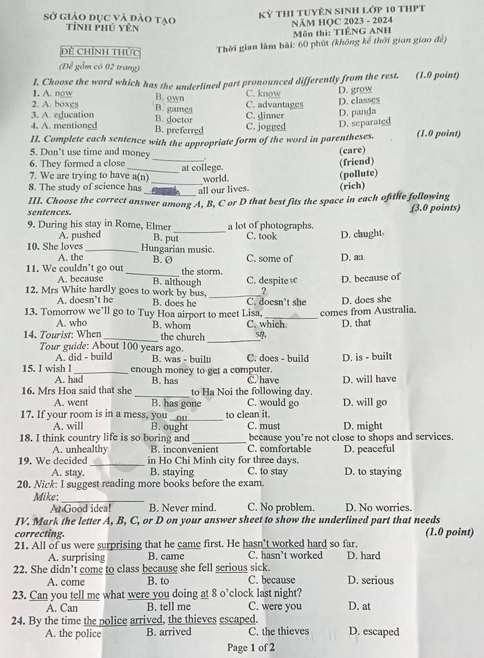 Đề thi tuyển sinh lớp 10 môn Anh Phú Yên 2023