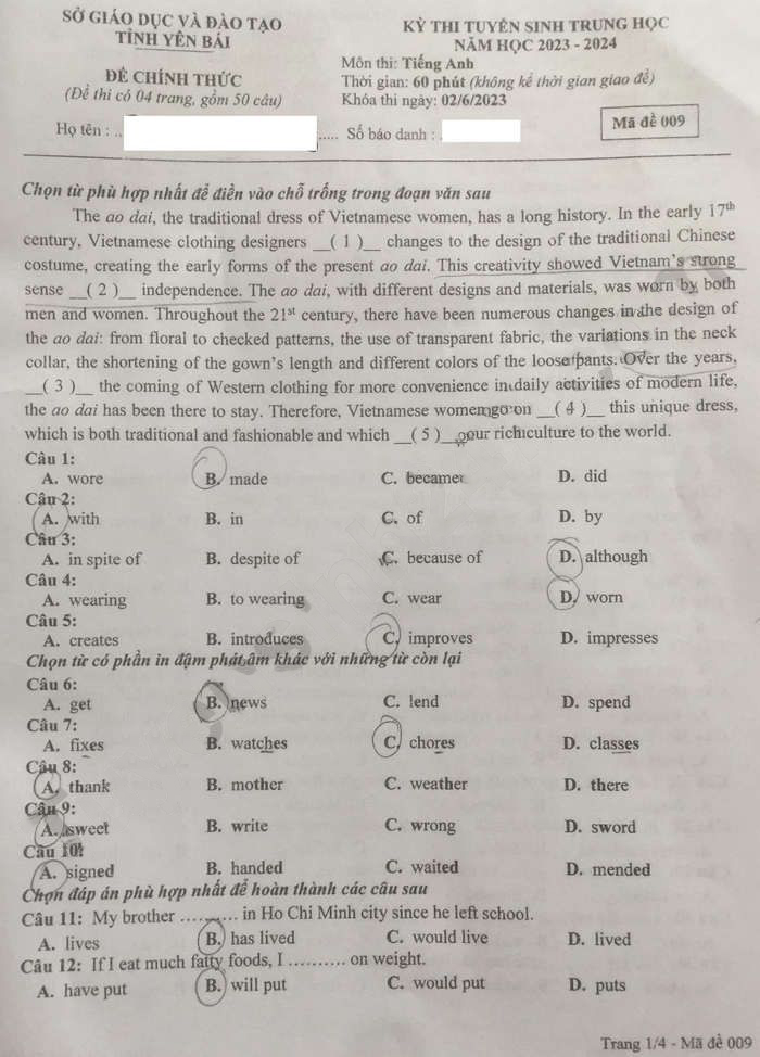 Đề thi tuyển sinh lớp 10 môn Anh tỉnh Yên Bái 2023