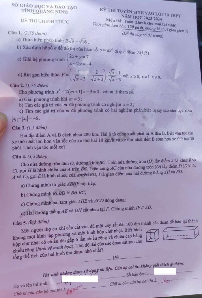 Đề thi tuyển sinh lớp 10 môn Toán Quảng Ninh 2023