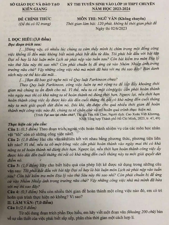  Đề thi tuyển sinh lớp 10 môn Văn Kiên Giang 2023