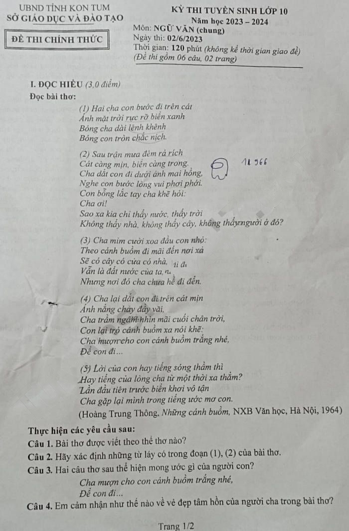 Đề thi tuyển sinh lớp 10 môn Văn Kon Tum 2023