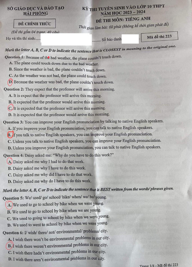 Đáp án đề thi tuyển sinh lớp 10 môn Anh Hải Phòng 2023