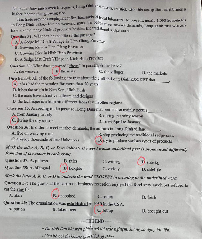 Đáp án đề thi tuyển sinh lớp 10 môn Anh Hải Phòng 2023