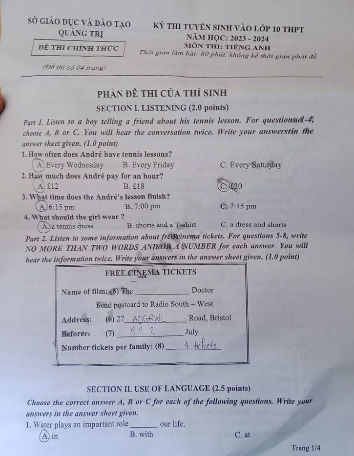 Đề thi tuyển sinh lớp 10 tỉnh Quảng Trị 2023 môn tiếng Anh