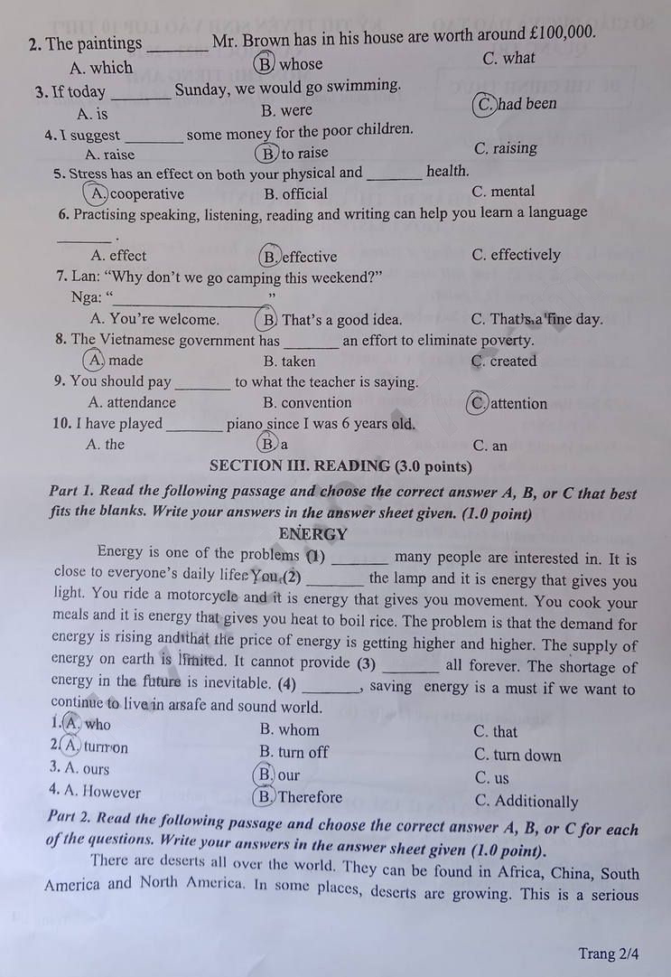 Đề thi tuyển sinh lớp 10 tỉnh Quảng Trị 2023 môn tiếng Anh