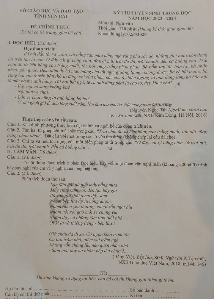 Đề thi tuyển sinh lớp 10 môn Văn tỉnh Yên Bái 2023