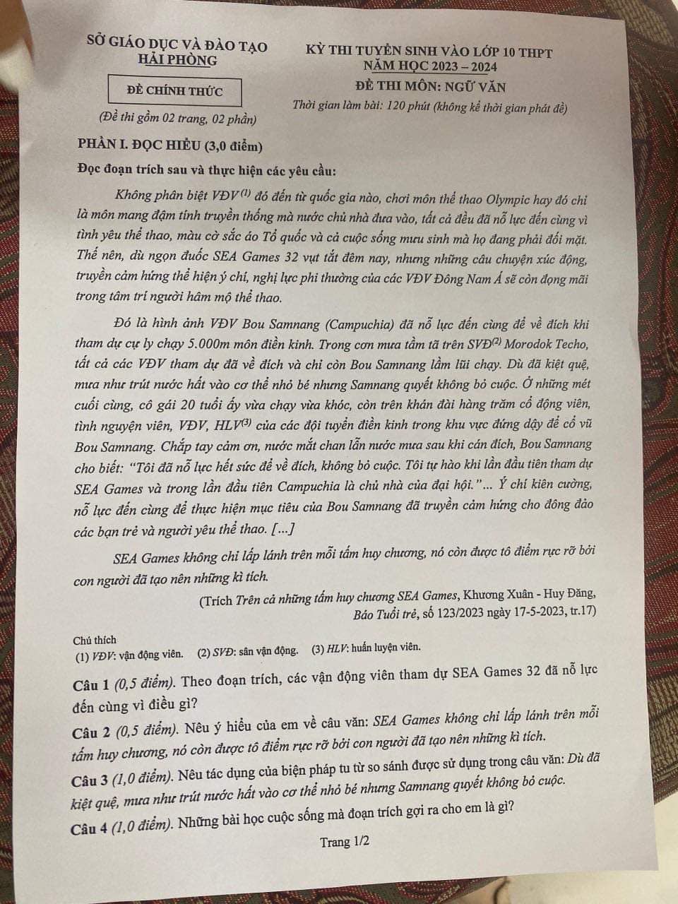 Đề thi vào 10 môn Văn Hải Phòng 2023-2024