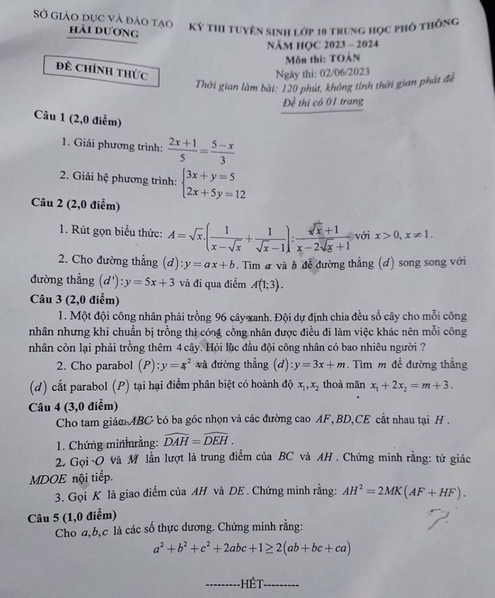 Đề thi vào 10 môn Toán Hải Dương 2023