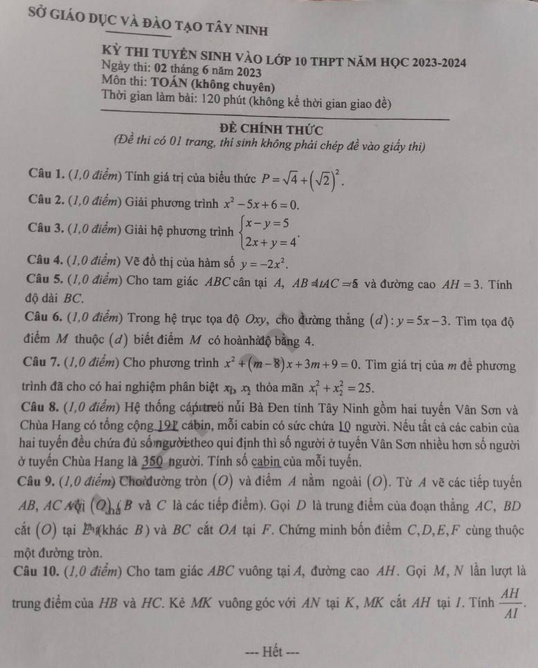 Đề thi vào 10 môn Toán 2023 Tây Ninh
