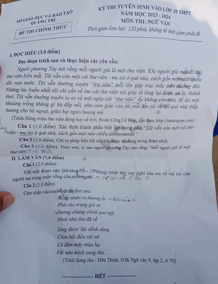 Đề thi tuyển sinh lớp 10 môn văn Quảng Trị 2023