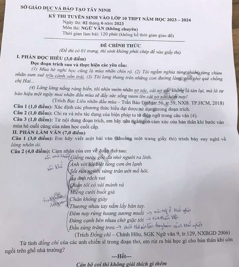 Đề thi vào 10 môn Văn 2023 Tây Ninh