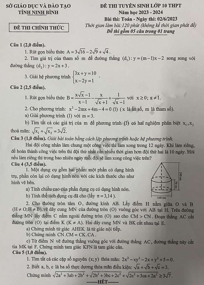 Đề thi vào lớp 10 môn Toán Ninh Binh 2023