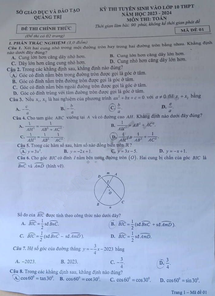 Đề thi tuyển sinh lớp 10 môn Toán Quảng Trị 2023