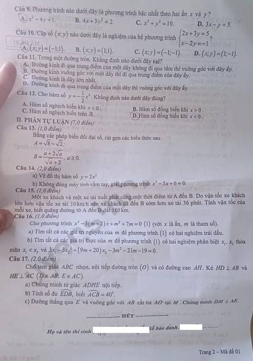 Đề thi tuyển sinh lớp 10 môn Toán Quảng Trị 2023