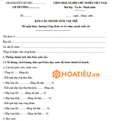 Mẫu báo cáo thành tích tập thể công đoàn
