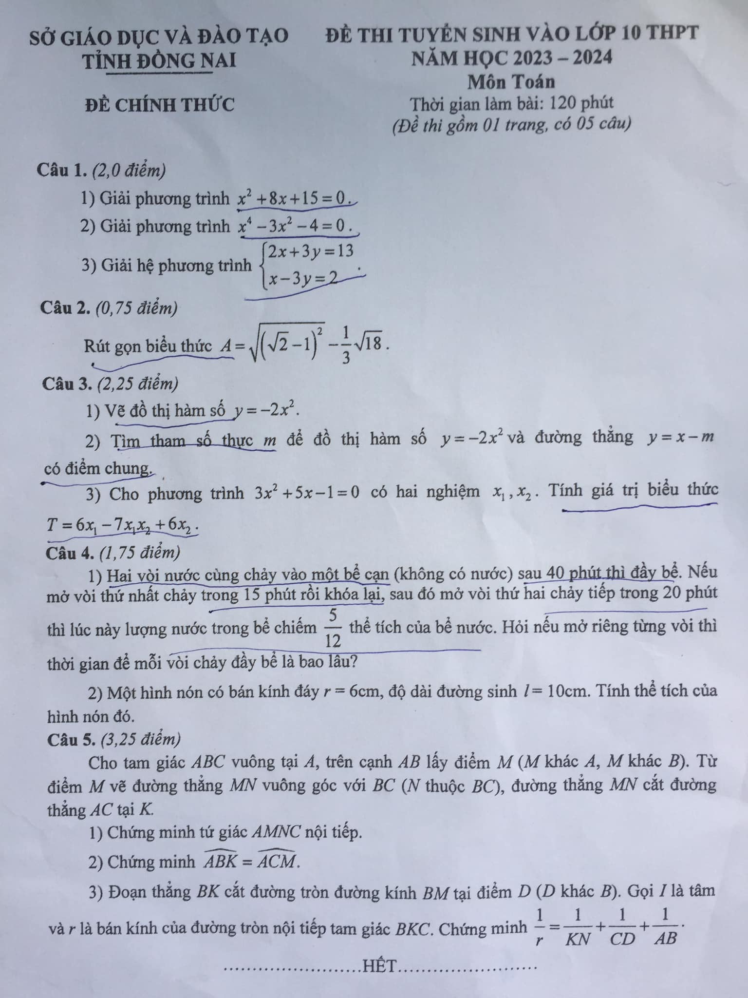 Đề thi tuyển sinh lớp 10 môn Toán 2023 Đồng Nai