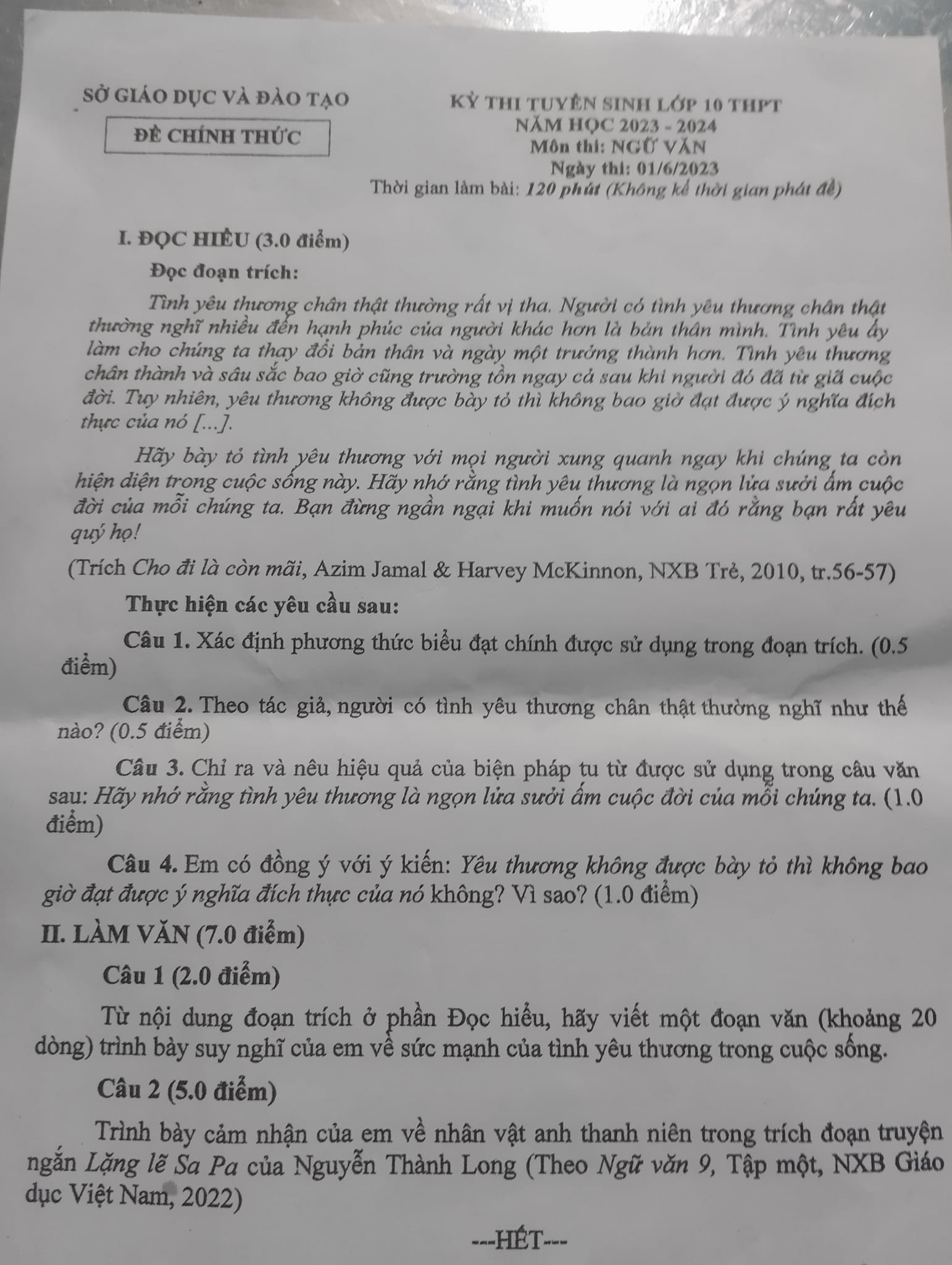  Đề thi tuyển sinh lớp 10 môn Văn Bình Dương 2023
