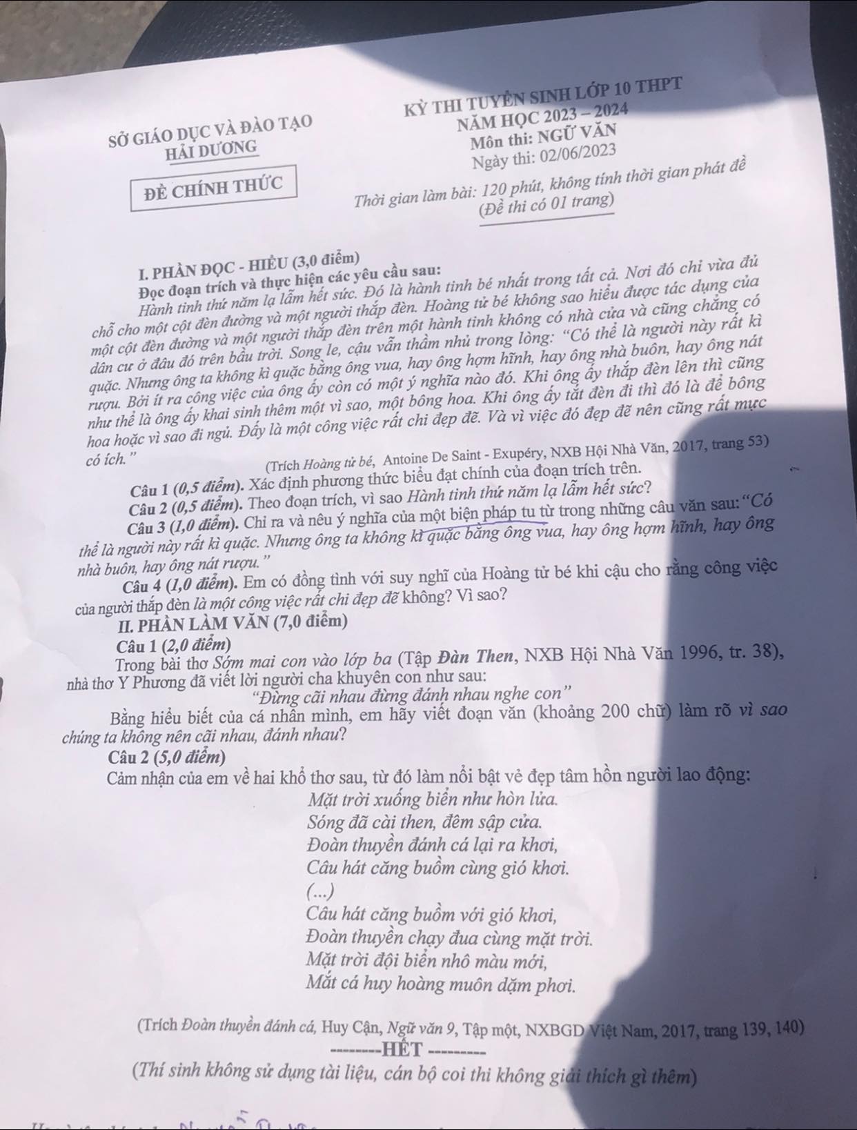 Đề thi vào 10 môn Văn Hải Dương 2023