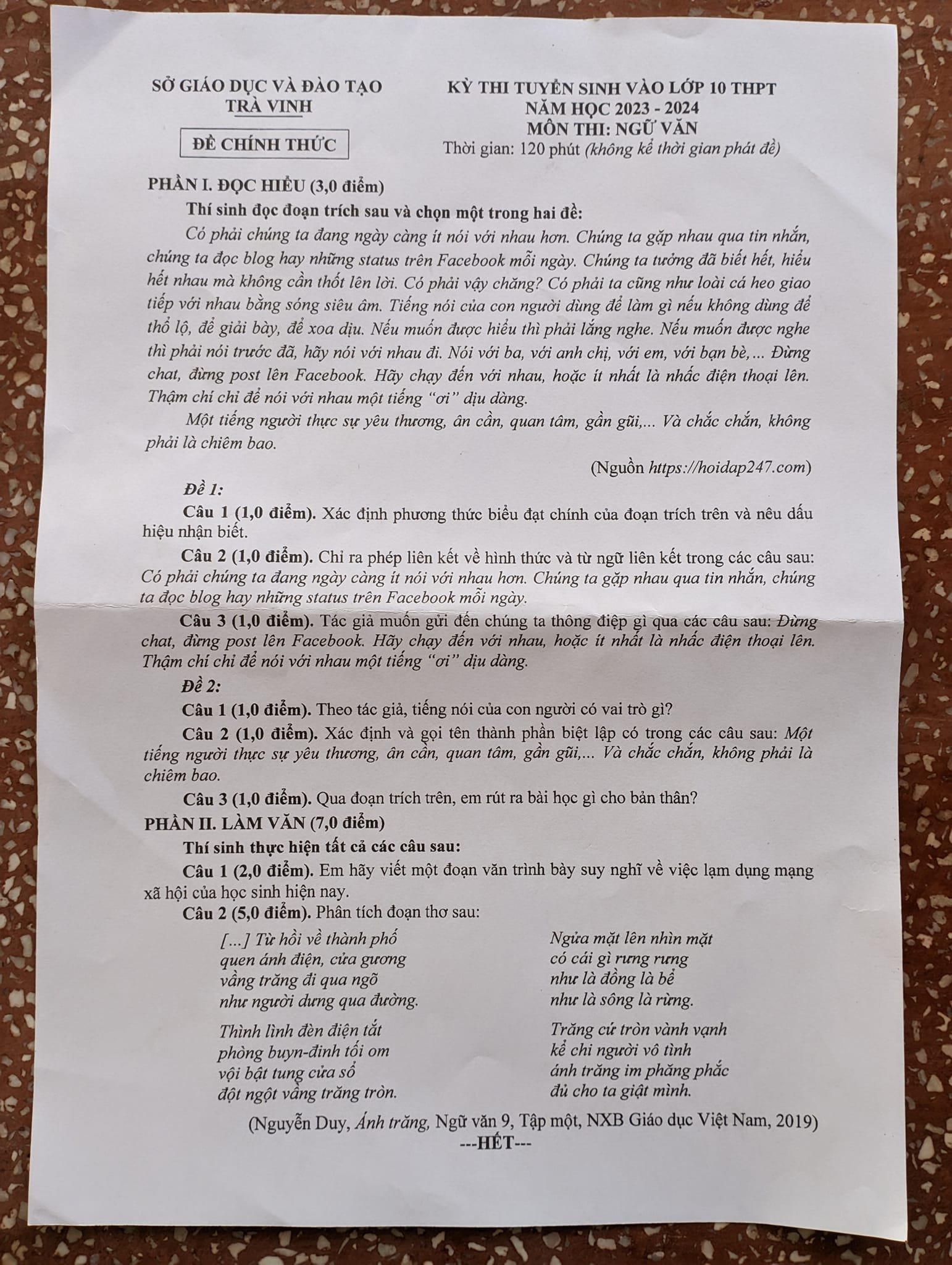 Đề thi tuyển sinh lớp 10 môn Văn Trà Vinh 2023
