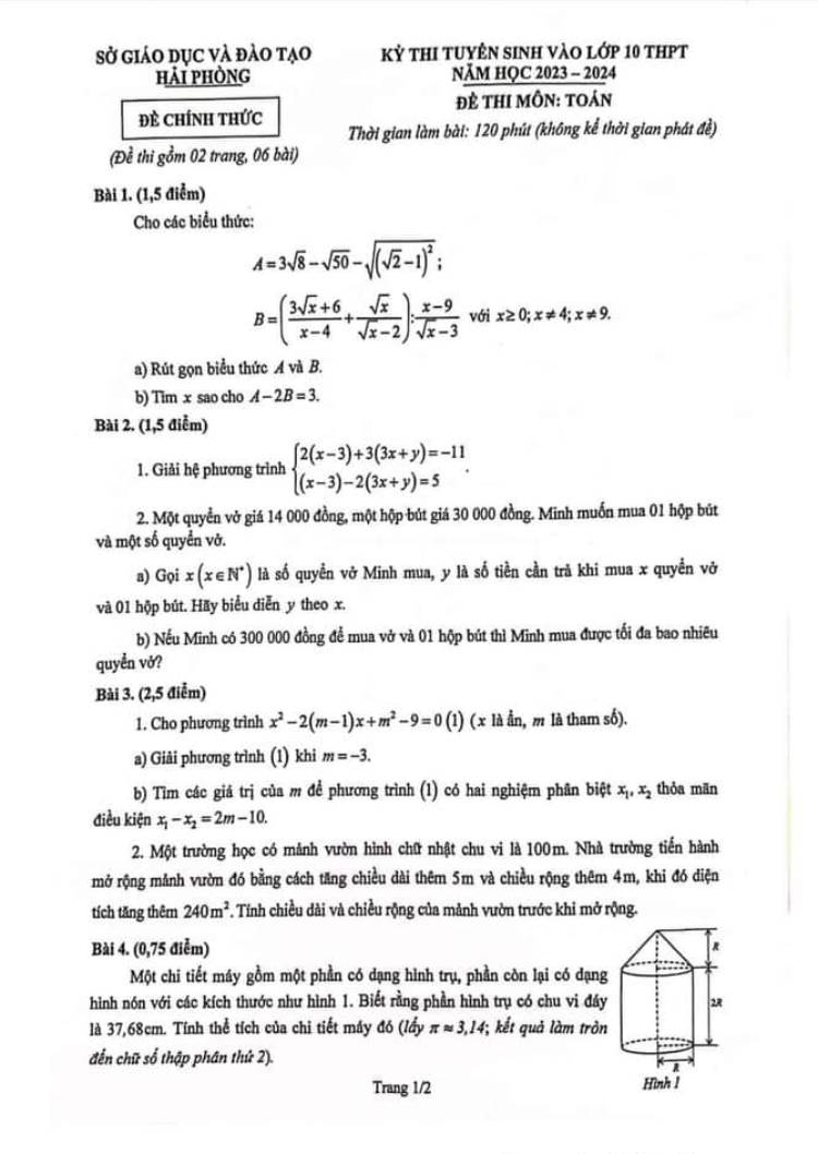 Đề thi vào 10 môn Toán Hải Phòng 2023-2024