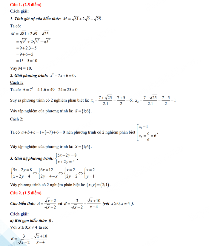 Đáp án đề thi tuyển sinh lớp 10 môn Toán 2023 Điện Biên