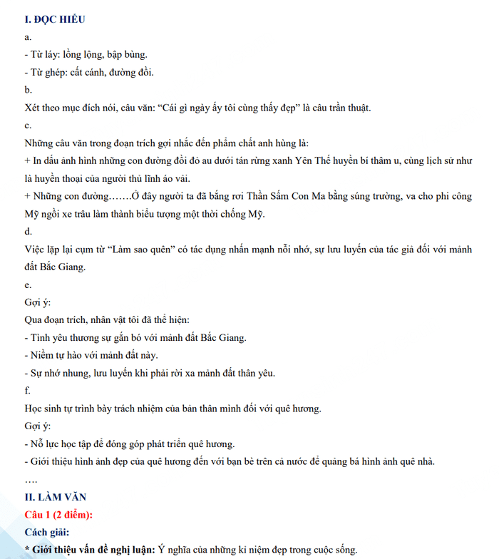 Đáp án đề thi tuyển sinh lớp 10 môn Văn Bắc Giang 2023