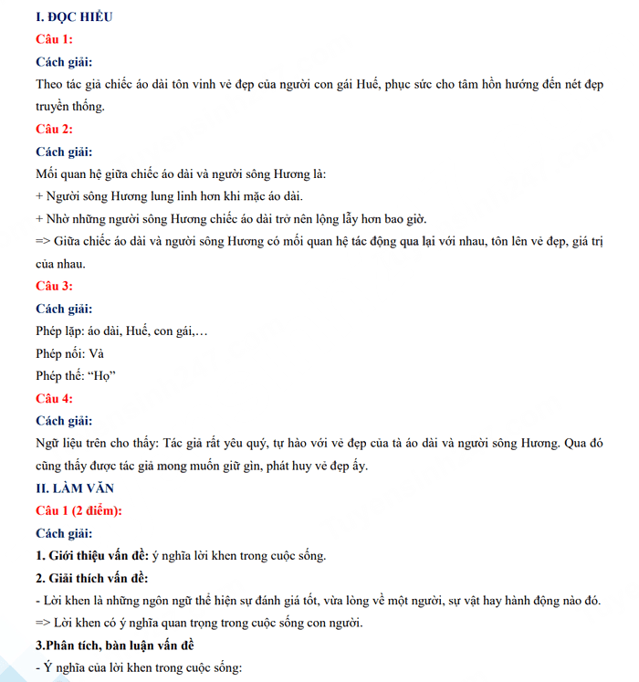 Đáp án đề thi tuyển sinh lớp 10 môn Văn Huế 2023