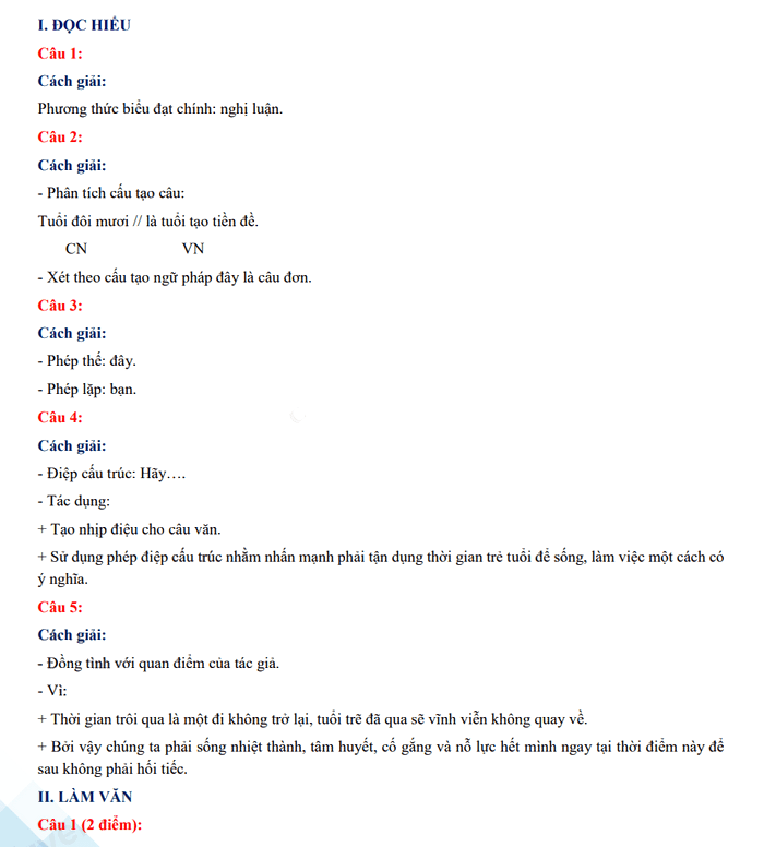 Đáp án đề thi tuyển sinh lớp 10 môn Văn Hưng Yên 2023