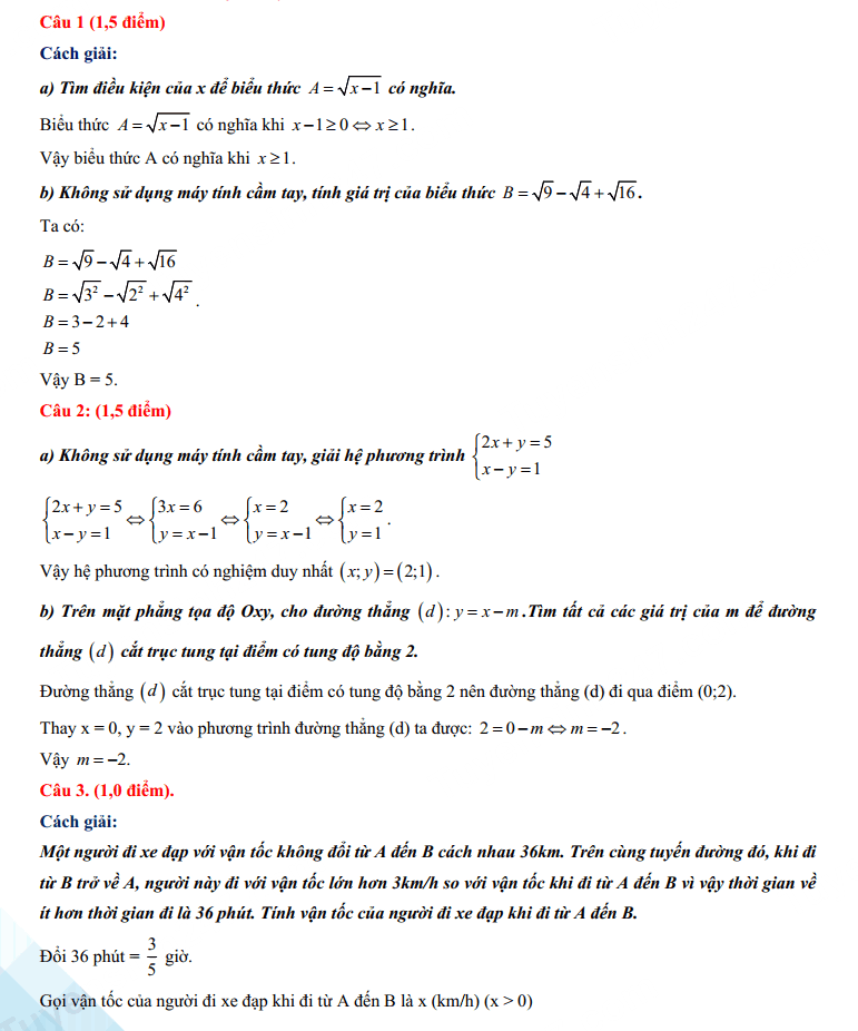 Đáp án đề thi tuyển sinh lớp 10 môn Toán Huế 2023