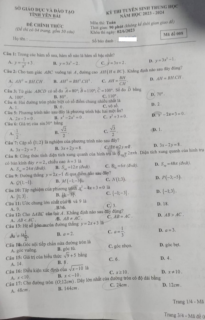 Đề thi tuyển sinh lớp 10 môn Toán Yên Bái 2023