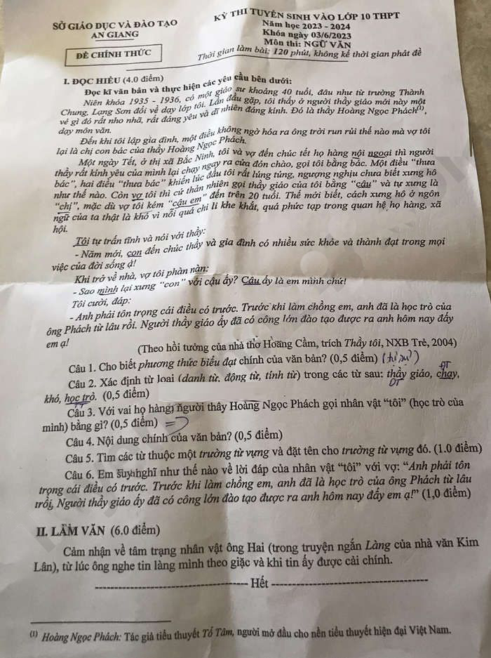 Đề thi tuyển sinh lớp 10 An Giang môn Văn 2023