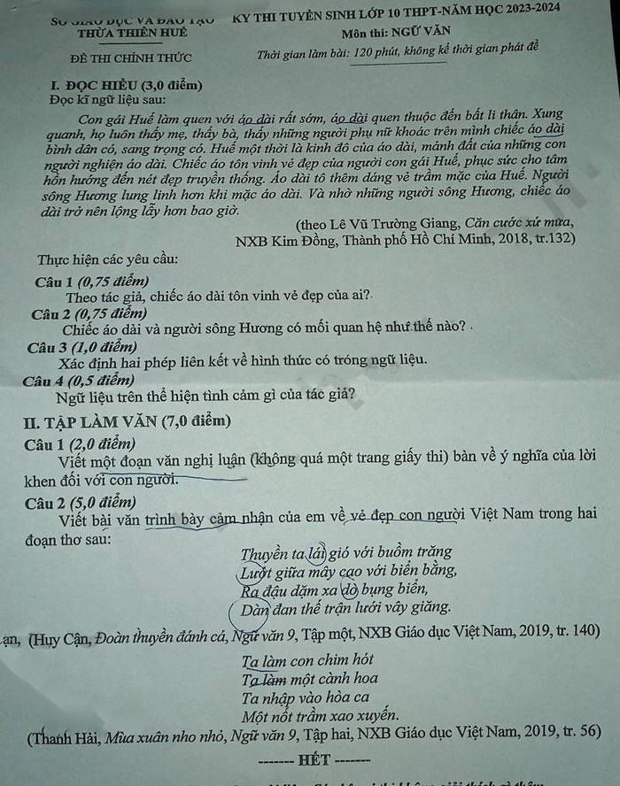 Đề thi tuyển sinh lớp 10 môn Văn Huế 2023