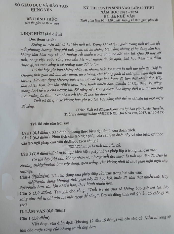 Đề thi vào lớp 10 môn Văn Hưng Yên 2023